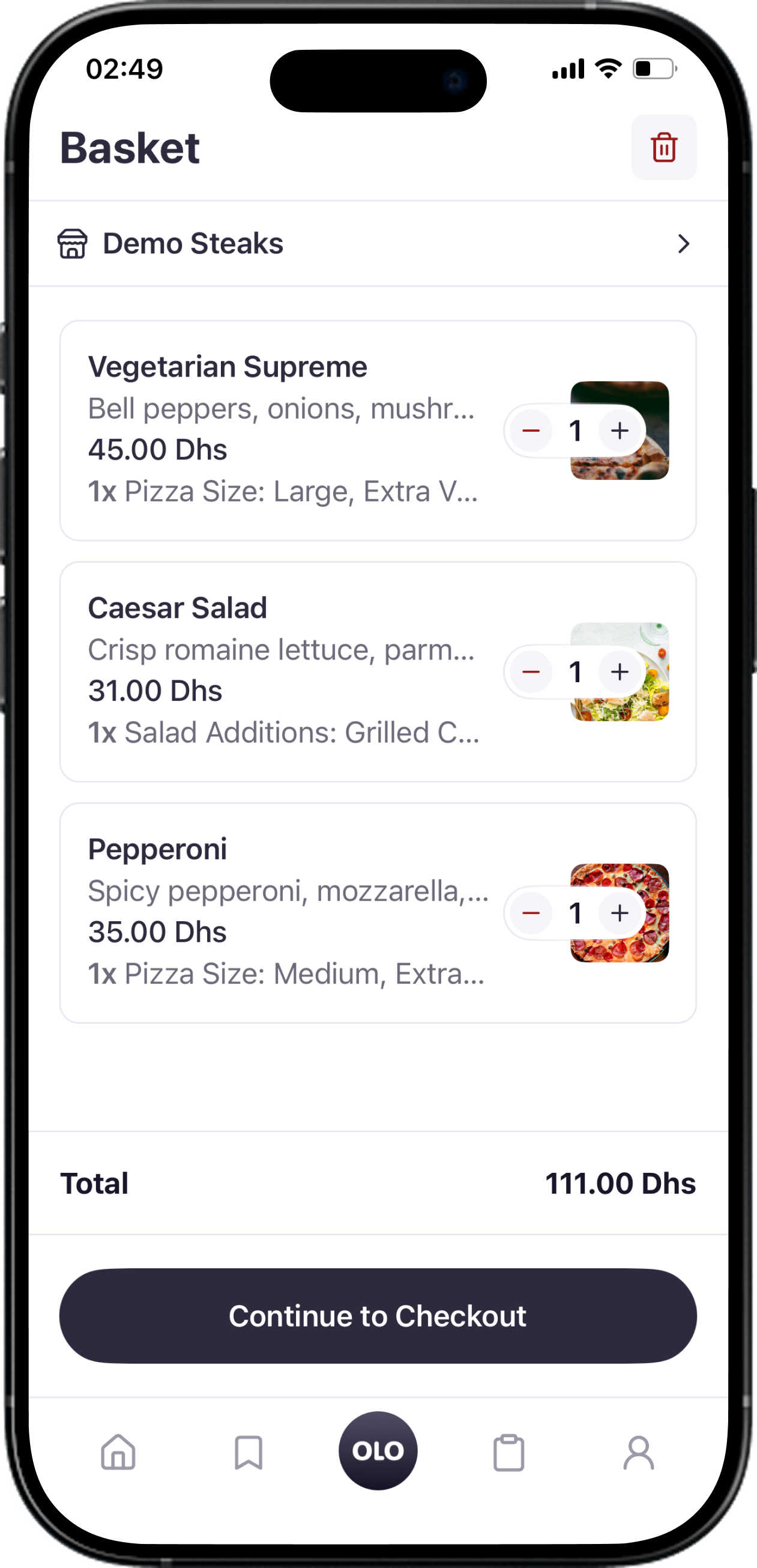 OlO app basket screen
