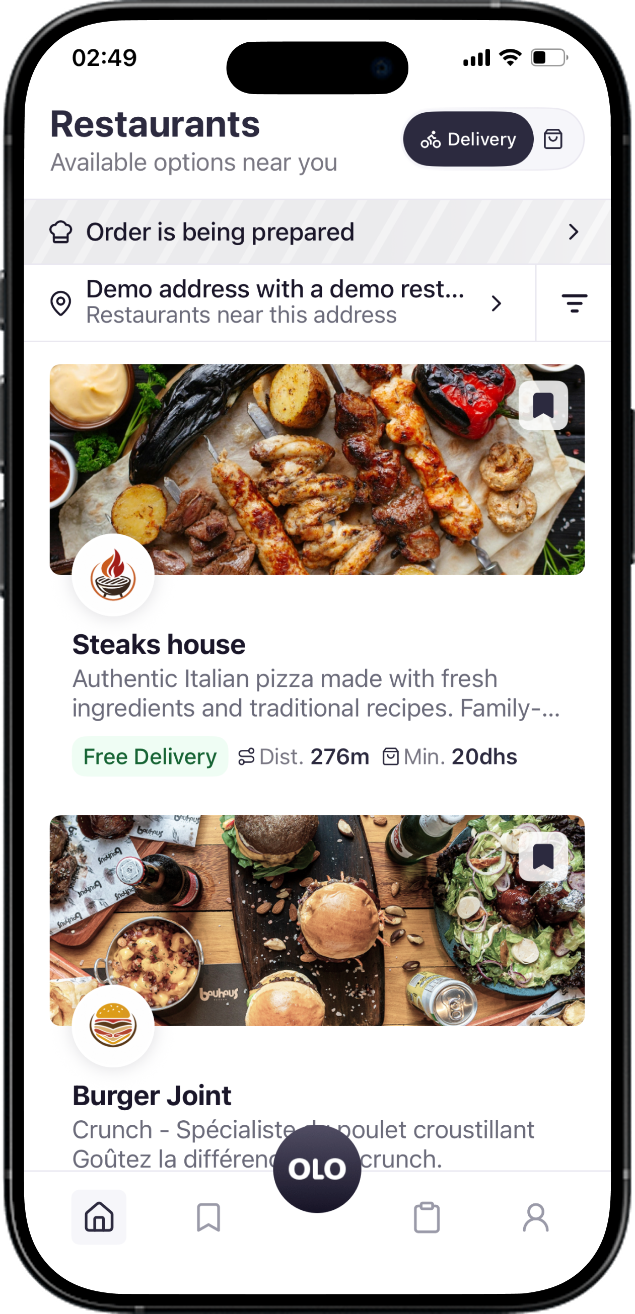 OlO app home screen showing nearby restaurants