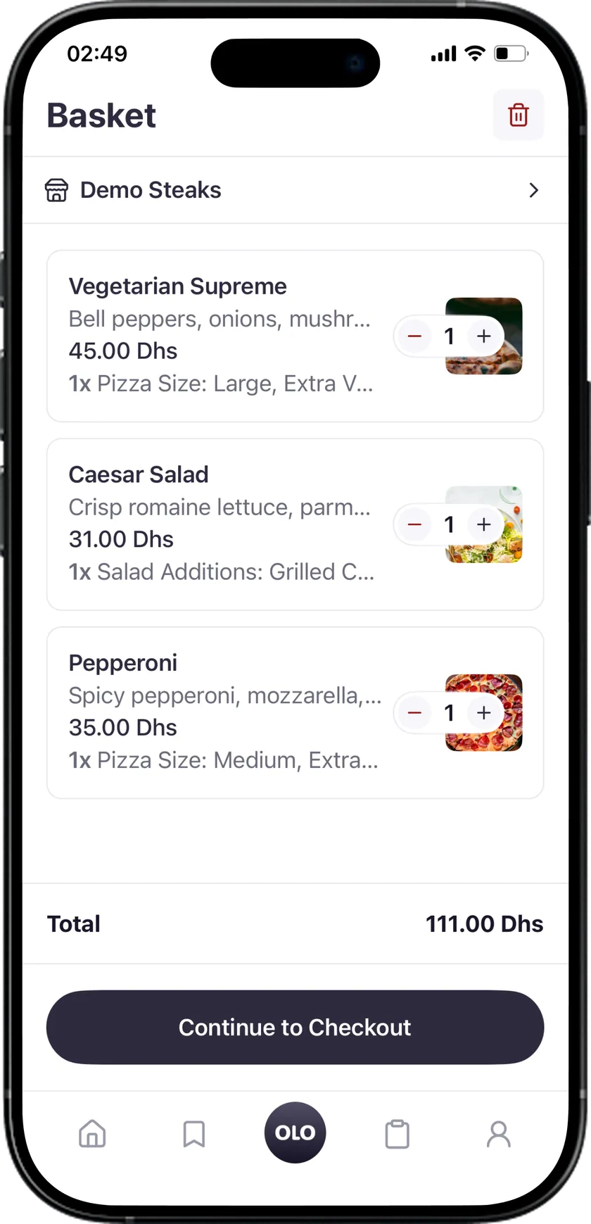 OlO app basket screen